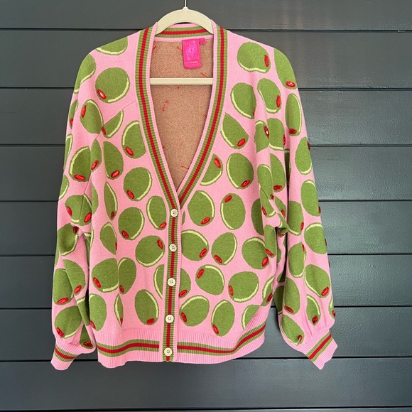QUEEN OF SPARKLES Sweaters - QUEEN OF SPARKLES Pink and Green Olive Cardigan Sweater V-Neck